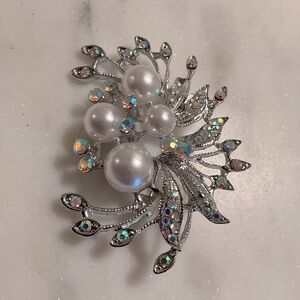 Large Faux Pearl and Rhinestone Floral Brooch